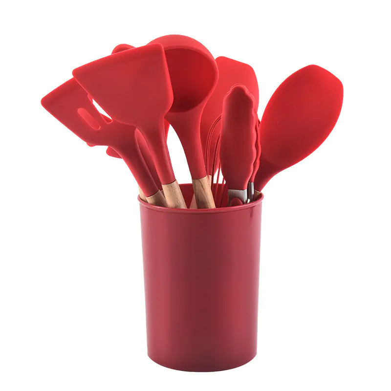 12-Piece Silicone Kitchen Utensil Set with Wooden Handles