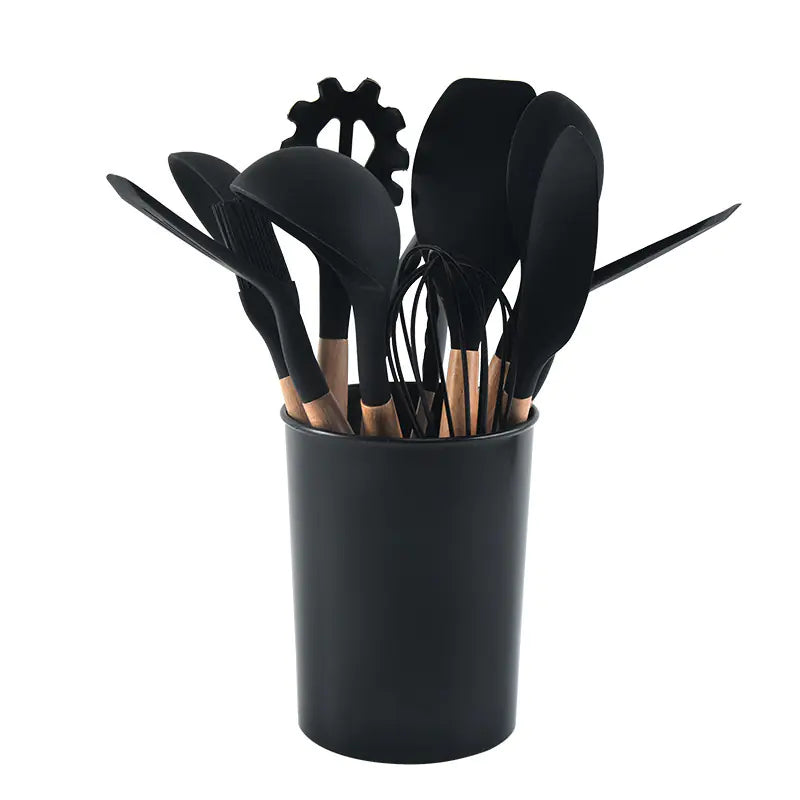 12-Piece Silicone Kitchen Utensil Set with Wooden Handles