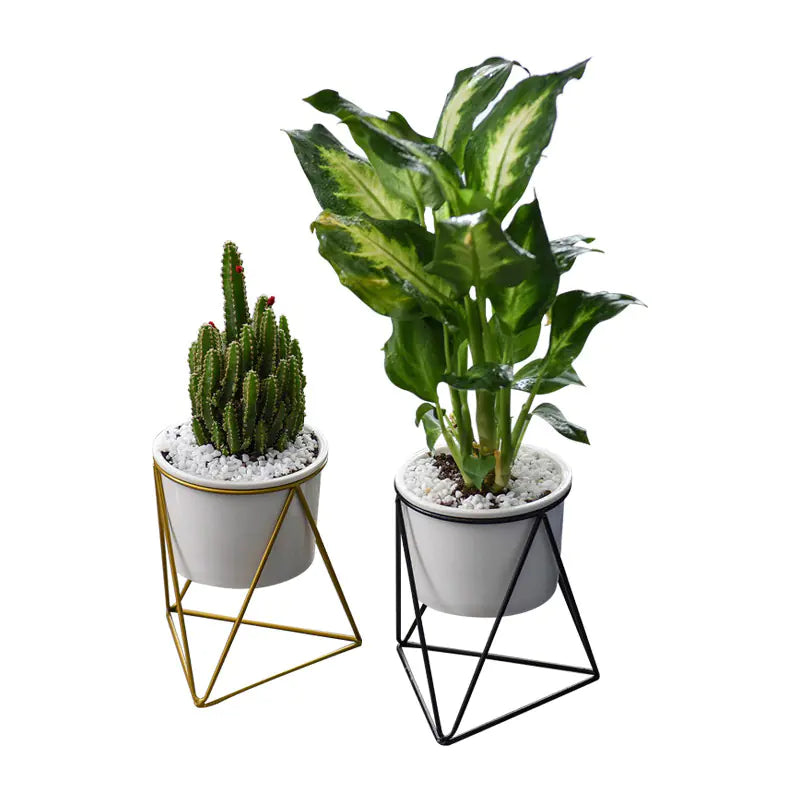 Set de Macetero Cerámico Triangular Nórdico con Soporte de Hierro