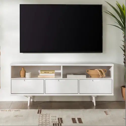 Solid Wood TV Stand with 3 Drawers for TVs up to 65" - White