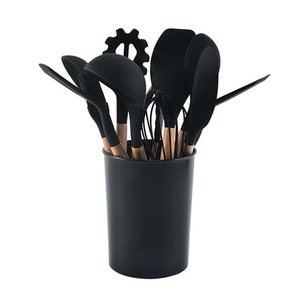 12-Piece Silicone Kitchen Utensil Set with Wooden Handles