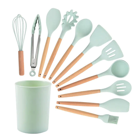 12-Piece Silicone Kitchen Utensil Set with Wooden Handles