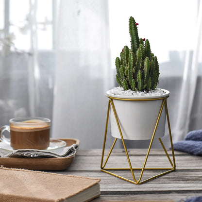 Nordic Triangular Ceramic Planter Set with Iron Stand
