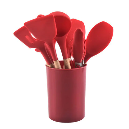 12-Piece Silicone Kitchen Utensil Set with Wooden Handles