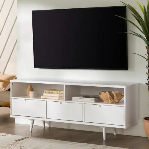 Solid Wood TV Stand with 3 Drawers for TVs up to 65" - White