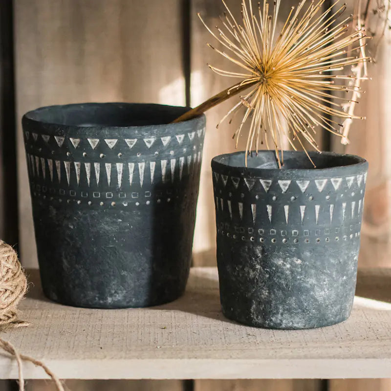 Vintage Black Ceramic Planter Vase with African Elements