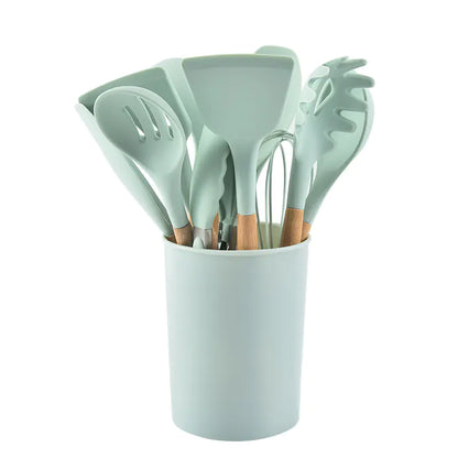 12-Piece Silicone Kitchen Utensil Set with Wooden Handles