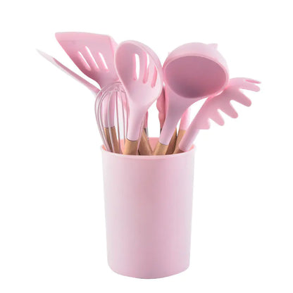 12-Piece Silicone Kitchen Utensil Set with Wooden Handles